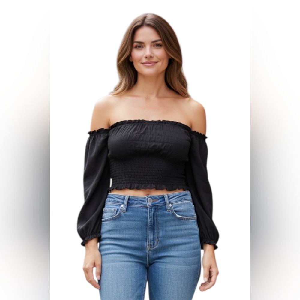 Abercrombie & Fitch Black Smocked Off-Shoulder Crop Top